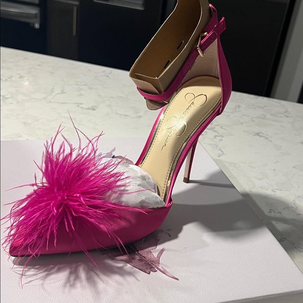 Jessica Simpson Pink Heels with Feather Accent